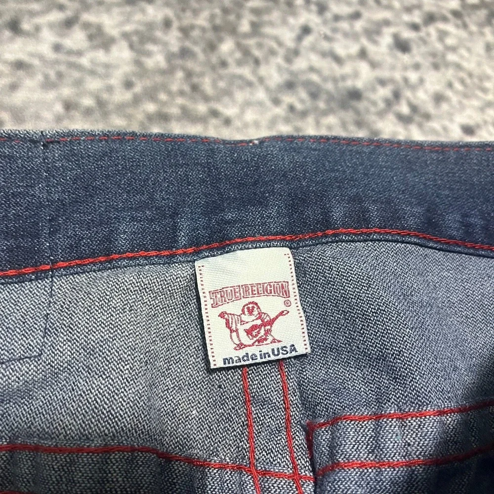 True Religion Straight Jeans Mens 38x34 Blue Red Stitched Logo‎ Flap Pockets Y2K